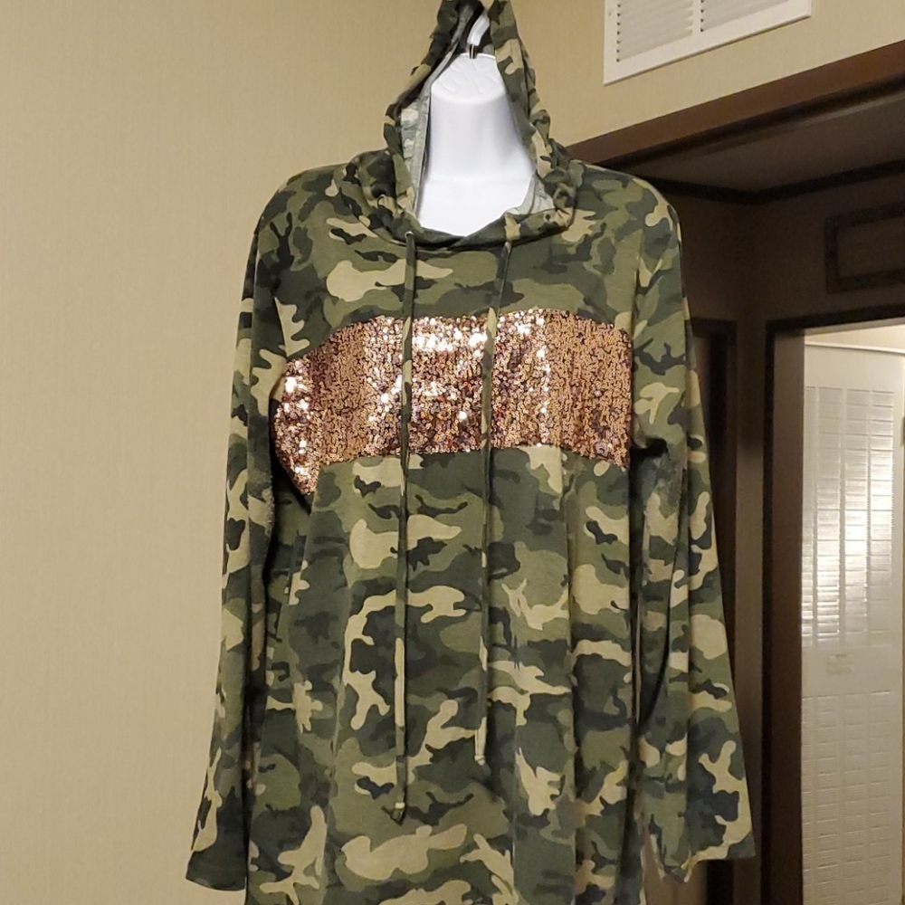 Camo and Rosegold Sequence Hoodie.